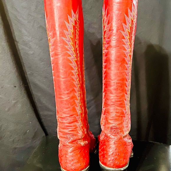 LARRY MAHAN TALL Red Leather and full quill ostrich/leather Women’s Cowboy Boots - Picture 2 of 6